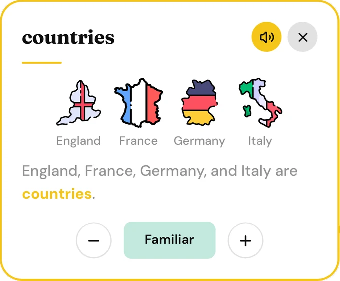 The definition card for 'countries': flag maps of England, France, Germany and Italy, and the sentence 'England, France, Germany, and Italy are countries.'