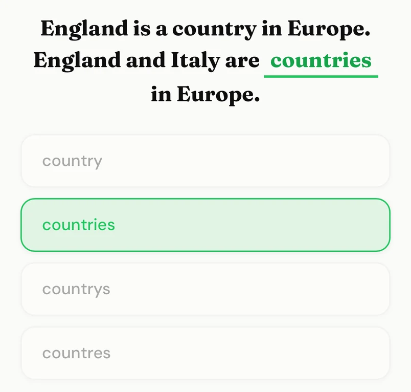 An exercise from lesson 1: 'England and Italy are ___ in Europe', answered with 'countries', highlighted in green.