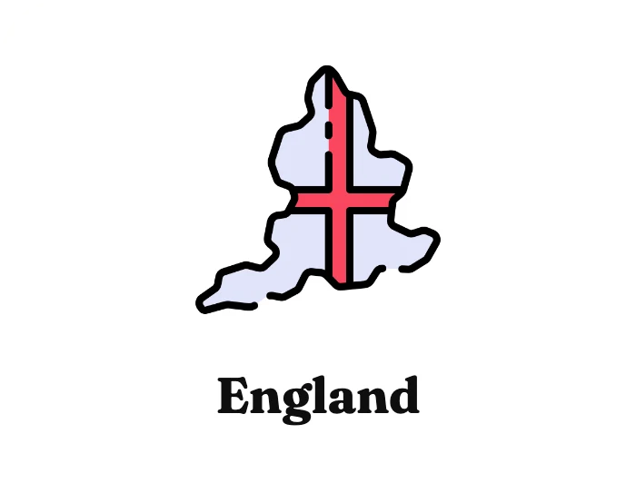 A flashcard from lesson 1: the word 'England' under a picture of England.