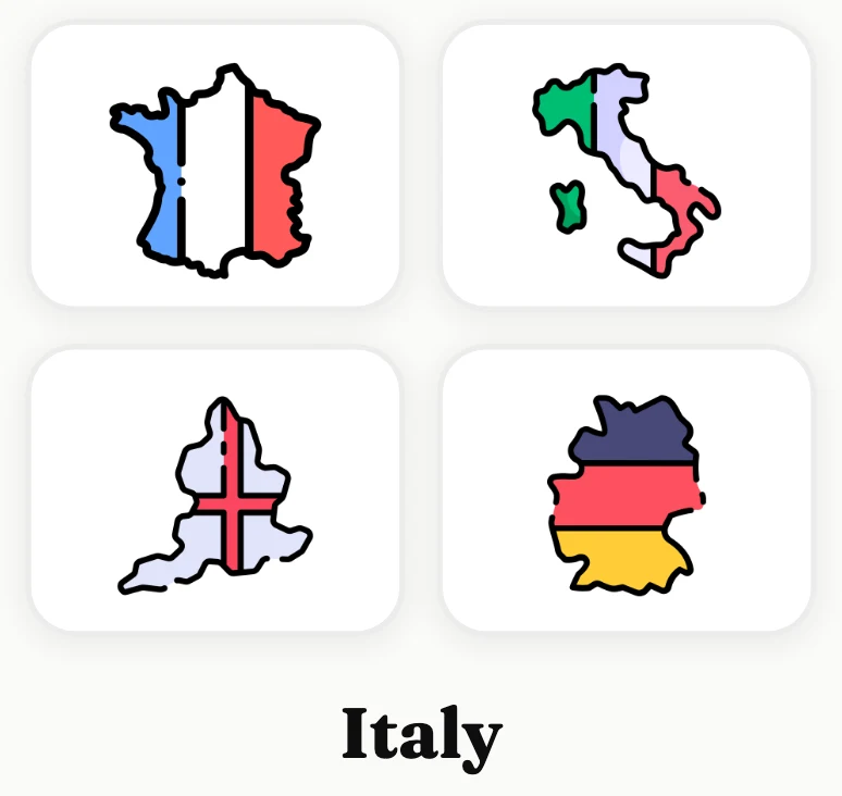 A choose-the-picture card from lesson 1: the word 'Italy' under maps of France, Italy, England and Germany.