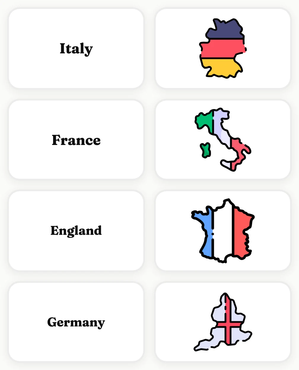 A match-the-pairs exercise: the words Italy, France, England and Germany beside their maps, to be paired up.